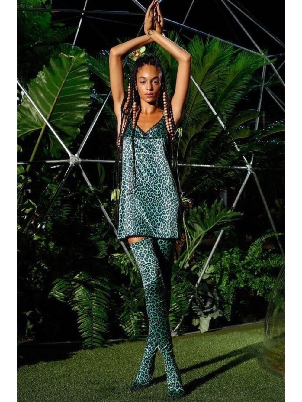 Savage X Fenty Leopard Satin Slip Dress Green Blue M